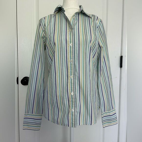 J. Crew Women’s Blue & Green Striped Cotton Slim Fit Button Up Shirt Size Small - Picture 1 of 10